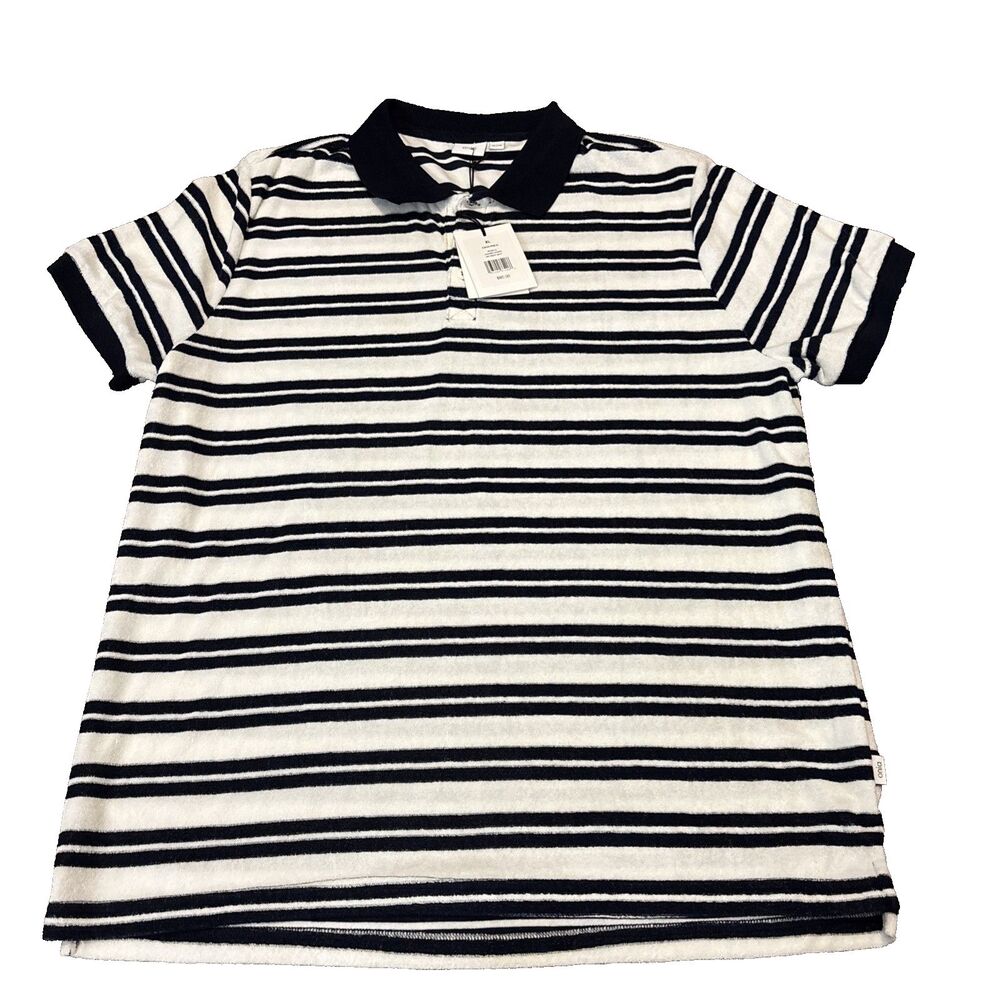 NEW Onia Shirt Cotton Textured Knit Polo White Black Stripe Mens XL - $95